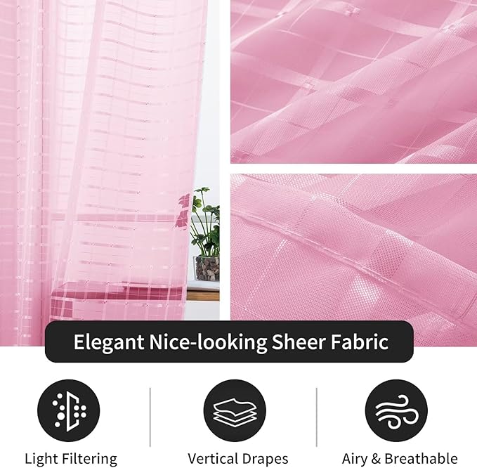 SpaceDresser Check Sheer Curtains 63 Inches 2 Panels Set, Rod Pocket Plaid Window Curtain for Living Room, Pink Semi Sheer Drapes for Kitchen Bedroom Children Room Yard（Pink, 52W x 63L）
