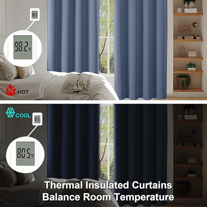 Simplebrand Ava Denim Blue Blackout Curtains for Bedroom, 72 Inch Length, 2 Panels, Privacy Thermal Insulated Rod Pocket Curtains for Patio, French Door, W40 x L72 Inch