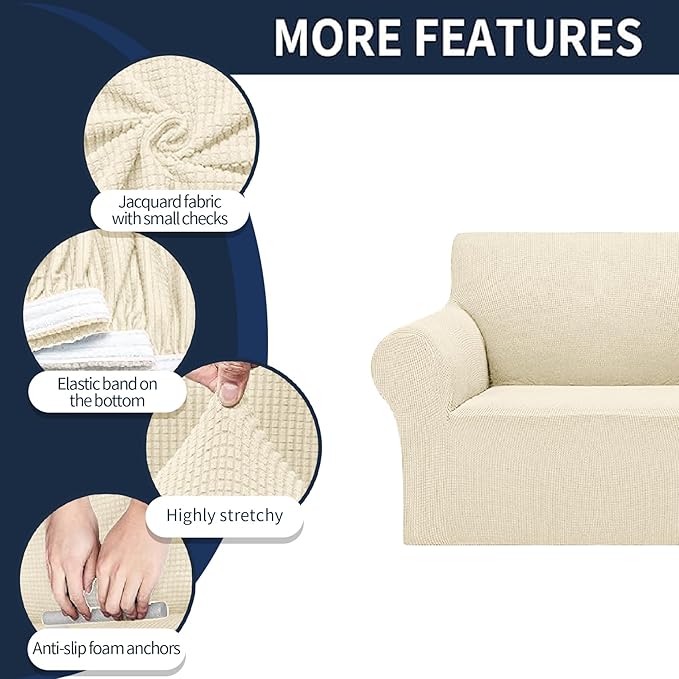Cupuamon 2026 New Stretch Chair Sofa Slipcovers Couch Cover for 1 Seater Furniture Protector Sofa Covers with Elastic Bottom Jacquard Fabric Small Checks for Pets, Kids - Beige
