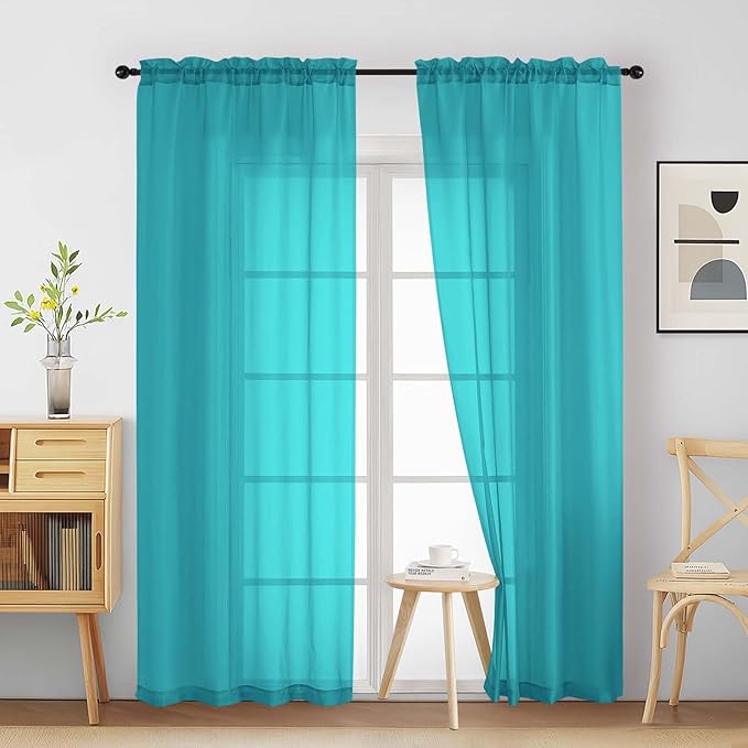 Turquoise Sheer Curtains 90 Inches Long 2 Panels, Light Filtering Solid Sheer Curtains for Bedroom Living Room, Lightweight Soft Airy Voile Sheer Drapes, Dual Rod Pocket, 2x42Wx90L Inches