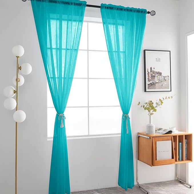 SpaceDresser Sheer Voile Window Treatment Rod Pocket Curtain Panels for Kitchen Bedroom Living Room Drapes Sunlight Filtering Privacy Semi Home Decor Assorted (Peacock Blue, 52 W x 72 L)