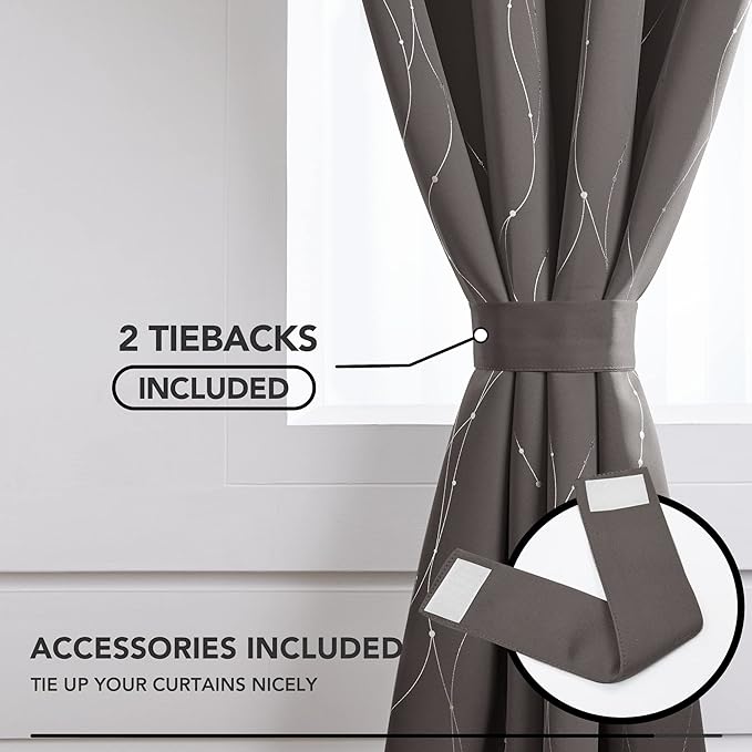 Deconovo Blackout Curtains, Thermal Insulated Soundproof Grommet Drapes, Wave Line Dots Foil Print, 52 x 84 Inch Long, 2 Panels, Machine‑Washable Window Curtains for Bedroom Living Room Nursery, Taupe