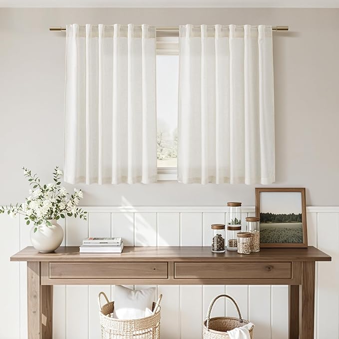 Nanspring Linen Natural Curtains for Kitchen Windows Over Sink - Cafe Drapes Semi Sheer with Back Tab and Rod Pocket Lightweight Rustic Textured Cabinet Curtain for Bathroom 29 x 24 Inch, 2 Panels