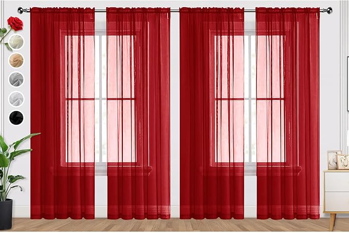 SpaceDresser Christmas Red Sheer Curtains 4 Panels Rod Pocket Semi-Sheer Curtain 54 Inches Long Light Filtering Voile Window Drapes for Bedroom Living Room Kitchen, Each 52W x54L