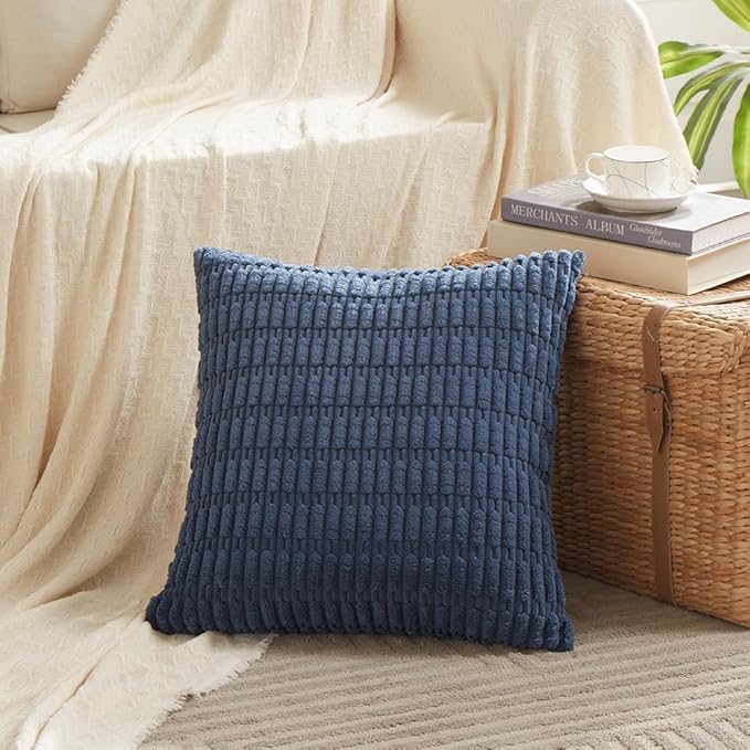 Fancy Homi 4 Packs Dusty Blue Decorative Throw Pillow Covers 14x14 Inch for Living Room Couch Bed Sofa, Rustic Farmhouse Boho Home Decor, Soft Plush Striped Corduroy Square Cushion Case 35x35 cm