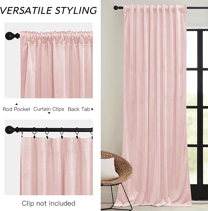 RYB HOME Pink Velvet Curtains 84 inches, Back Tab Soft Fabric Room Darkening Thermal Insulated Luxurious Home Decor Curtains for Living Room Bedroom, W 52" x L 84", 2 Panels Set