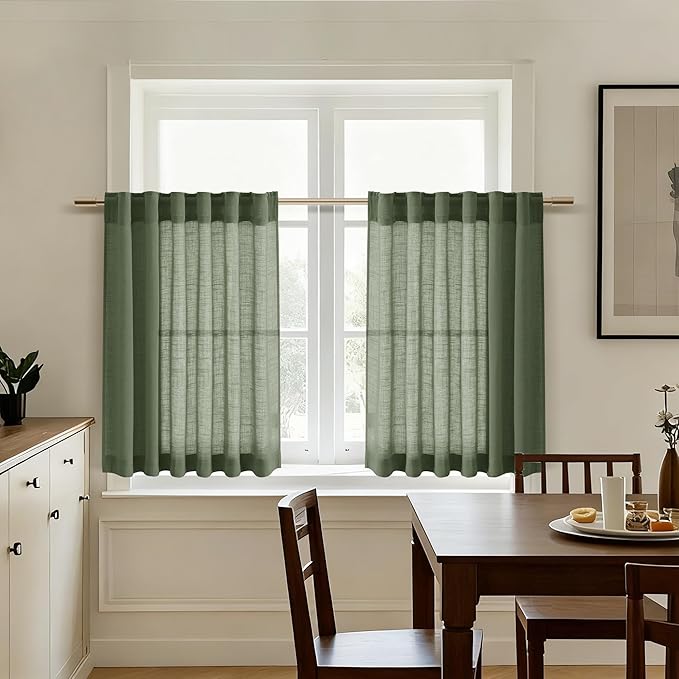 Nanspring Olive Green Linen Curtains 30 Inch Length Short Kitchen, Semi Sheer Light Filtering Panels Back Tab and Rod Pocket Cafe Drapes for Half Window 26 x 30 Inch,2 Panels