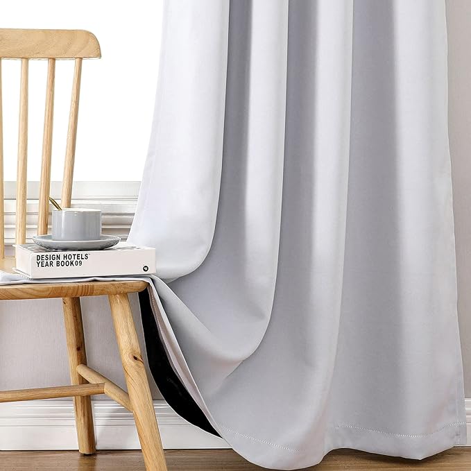 ChrisDowa 100% Blackout Curtains for Bedroom with Black Liner, 2 Thick Layers Total Blackout Thermal Insulated Grommet Small Window Curtains 2 Panels Set (Greyish White, 42 x 45 Inch)