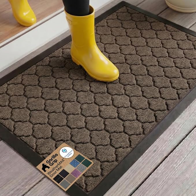GORILLA GRIP 100% Waterproof All-Season WeatherMAX Doormat US Designed Natural Rubber, Stain and Fade Resistant, Low Profile Indoor Outdoor Door Mats, Easy Clean Patio Mat, 29x17, Latte Quatrefoil
