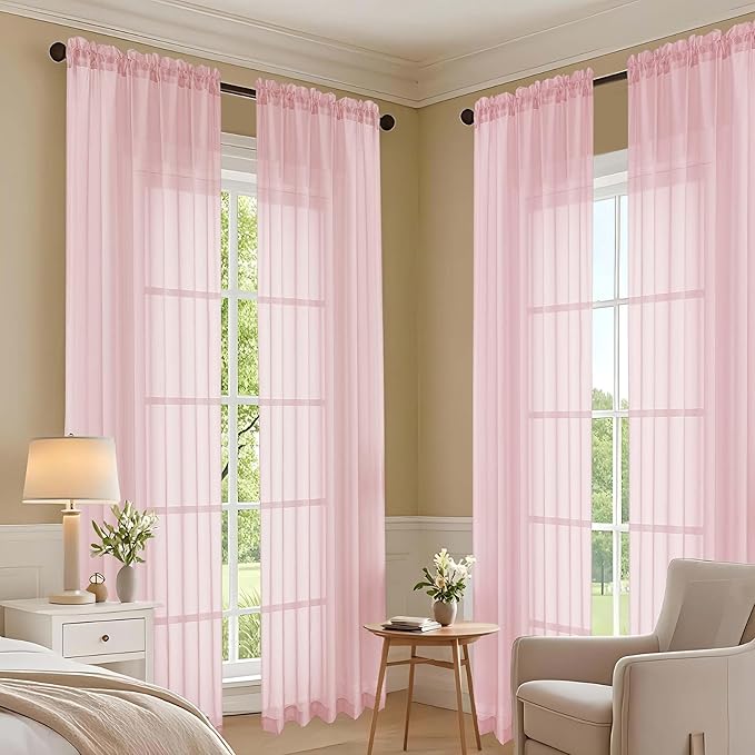 OVZME Blush Pink Sheer Curtains 63 Inches Long 2 Panels Set, Light Filtering Sheer Curtains for Living Room Bedroom 59 Inch Extra Wide, Modern Voile Filmy Rod Pocket Window Drapes, 59Wx63L Inches