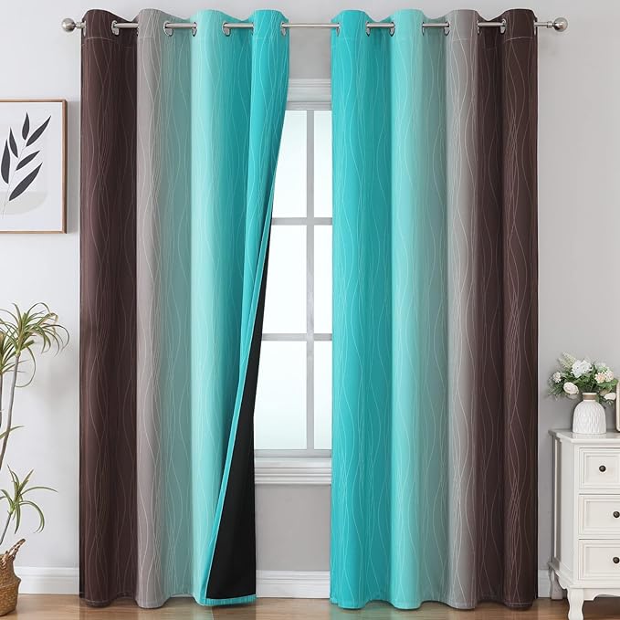 Estelar Textiler Brown and Teal Ombre Blackout Curtains 90 Inch Length 2 Panels Set, Thermal Insulated Drapes for Bedroom, Full Room Darkening Grommet Gradient Curtains for Living Room,52Wx90L