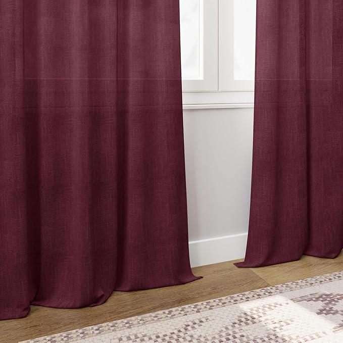 Nanspring Burgundy Linen Curtains for Living Room 105 Inches Long Light Filtering Semi Sheer Curtain Back Tab Vintage Boho Decor Elegant Luxury Drapes for Bedroom Dinner Room 52x105, 2 Panels