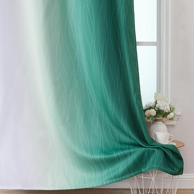 Estelar Textiler Green and Greyish White Blackout Curtains for Kids Room, Full Room Darkening Grommet Ombre Curtains for Bedroom, Thermal Insulated Light Blocking Gradient Drapes, 52Wx63L, 2 Panels