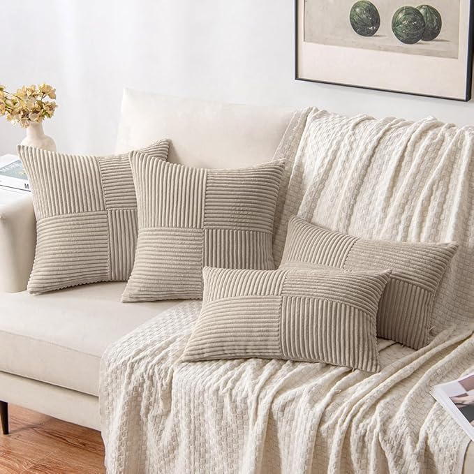 MIULEE Light Brown Decorative Throw Pillow Covers 16x16 Inch for Couch Bed Sofa Pack of 2 Boho Neutral Farmhouse Throw Pillows Soft Cross Corduroy Patchwork Textured Cushion Cases