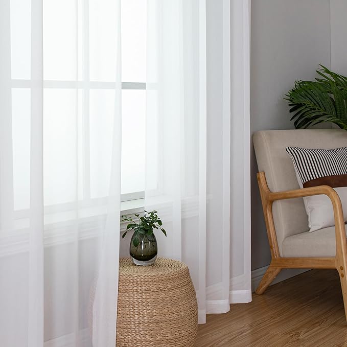 Simplebrand White Sheer Curtains, 72" Length, 2 Panels Set - Light Filtering, Rod Pocket Window Curtains for Bedroom (White, 59" W x 72" L)
