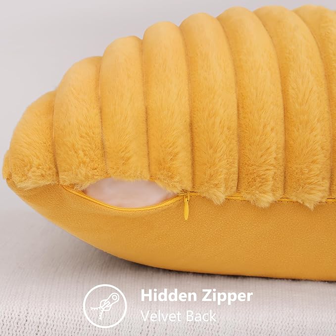decorUhome Summer Cozy Faux Fur Throw Pillow Covers 24x24 Set of 2 Decorative Plush Striped Modern Farmhouse Boho Couch Euro Sham Pillow Cases with Velvet Back for Sofa Bed Living Room, Mustard Yellow