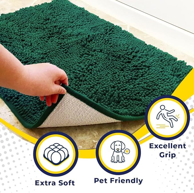 Muddy Mat® | Super Absorbent Door Mat Indoor, Microfiber Quick Dry Chenille Entryway Rug, Non-Slip Front Door Mat, Indoor Mats for Entryway, Machine Washable Pet Rug, Dark Green 24" x 72"