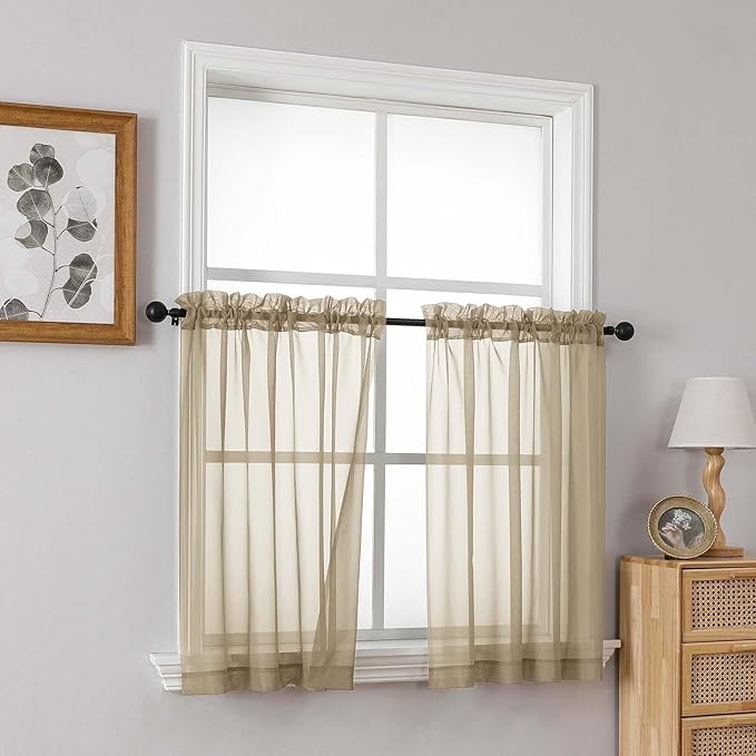 Taupe Small Sheer Curtains 2 Panels Set, Kitchen Curtains 36 Inch Length, Elegant Light Filtering Short Window Drapes for Living Room Bedroom, Dual Rod Pocket Design, 2x42Wx36L Inches