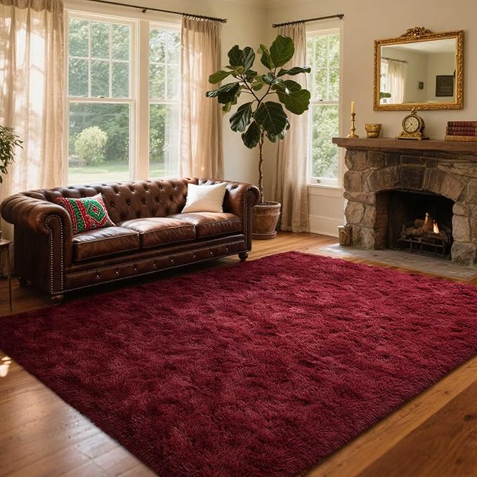 9x12 Ft Extra Large Shag Rugs for Living Room, Ultra Soft Fluffy Furry Area Rugs for Bedroom Indoor Floor, Aesthetic Carpet for Kids Home Decor (Burgundy)