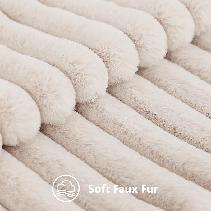 decorUhome Summer Cozy Faux Fur Throw Pillow Covers 20x20 Set of 2 Decorative Soft Plush Striped Modern Farmhouse Boho Couch Pillow Cases with Velvet Back for Sofa Bed Living Room, Beige