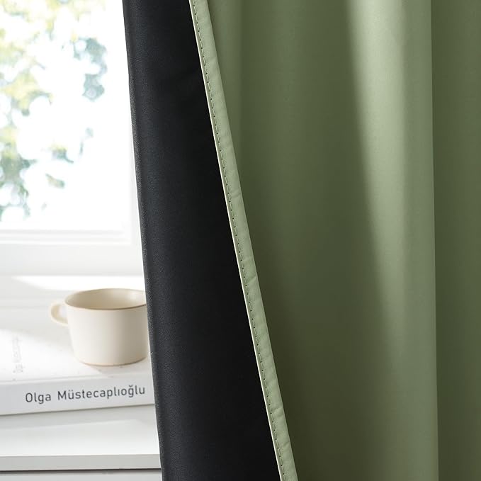RYB HOME 100% Blackout Short Curtains for Small Window, Thermal Insulated Total Room Darkening Noise Reducing Curtains for Kitchen Bathroom Basement, 34 inches Wide by 45 inches Long, Sage Green