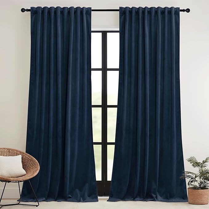 RYB HOME Navy Blue Velvet Curtains 72 inches with Hook Belt, Soft Fabric Room Darkening Thermal Insulated Luxurious Home Decor Curtains for Living Room Bedroom, W 52" x L 72", 2 Panels Set