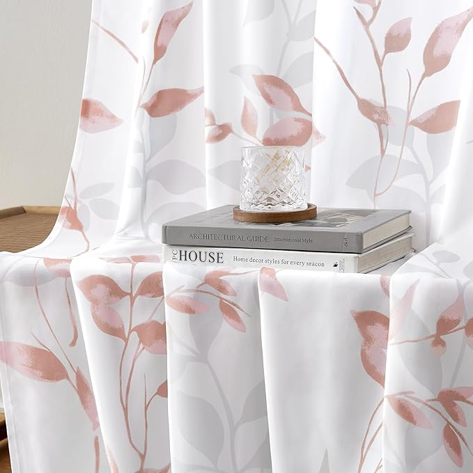 HOMEIDEAS Non-See-Through Pink and White Privacy Sheer Curtains 52 X 84 Inch Length 2 Panels, Leaf Floral Printed Light Filtering Semi Sheer Window Curtains Drapes for Bedroom Living Room
