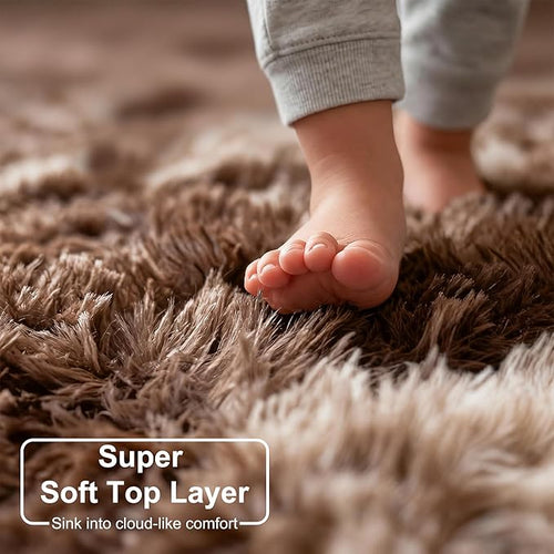 Amdrebio Tie-Dyed Brown Round Circle Rugs 4Ft for Bedroom, Fluffy Shag Plush Area Rugs for Kids Room, Living Room Decor Aesthetic, Fuzzy Fur Throw Floor Carpet for Playroom Preppy Dorm Baby Nursery