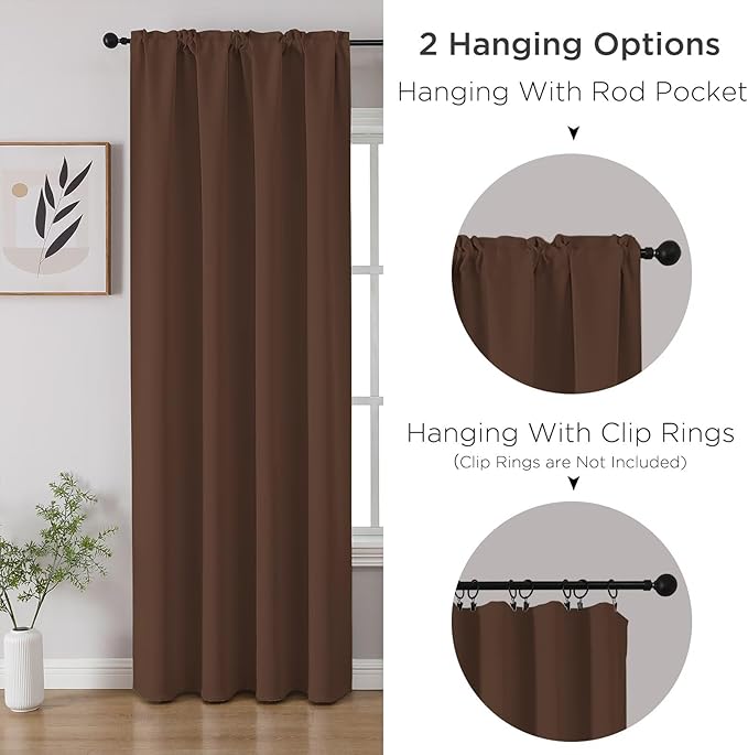 CUCRAF Brown Blackout Curtains 72 inch Length 2 Panels Set, Rod Pocket Room Darkening Drapes for Bedroom Living Room, Insulated Thermal Light Blocking Window Curtain (W52 x L72 Inch)