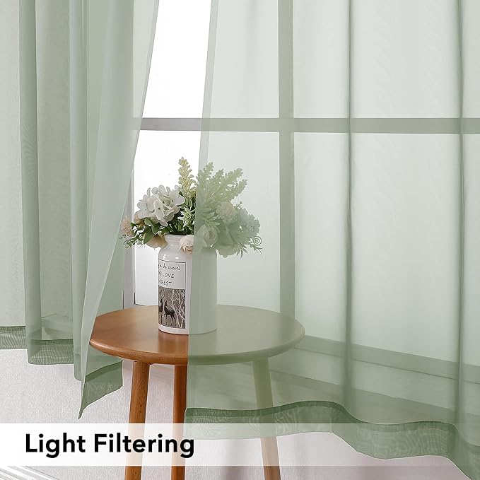 Simplebrand Sage Sheer Curtains 63 Inch Length 2 Panels, Rod Pocket Solid Color Window Sheer Curtain Panels, Elegant Curtains & Drapes for Living Room, Bedroom 2 Panels (Sage, 42" W x 63" L)