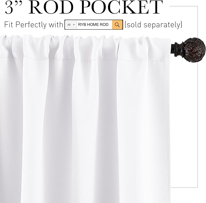 RYB HOME Basement Bathroom Kitchen Cafe Privacy Curtains, Short Insulating Light UV Heat Blocking Privacy Curtain Tiers for Laundry Room, Width 34 by Length 30, Pure White, 2 Panels