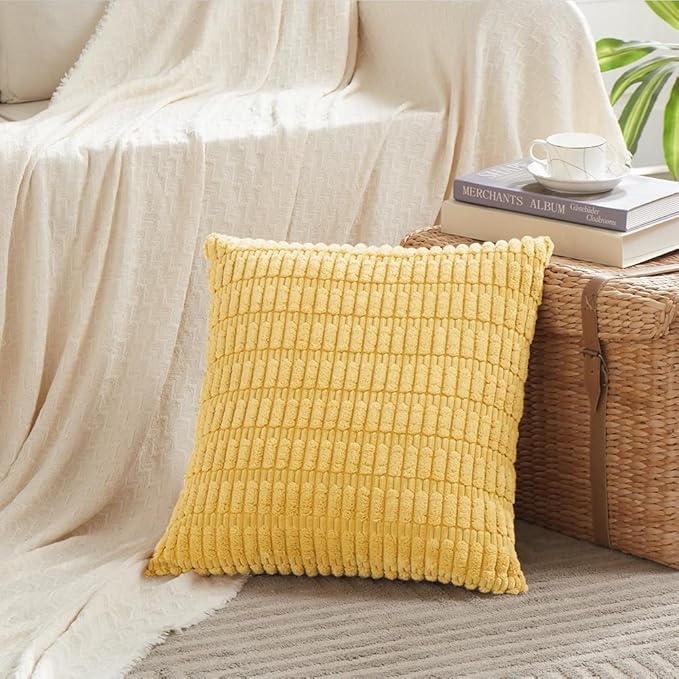 Fancy Homi 4 Packs Yellow Spring Decorative Throw Pillow Covers 20x20 Inch for Living Room Couch Bed Sofa, Rustic Farmhouse Boho Home Decor, Soft Striped Corduroy Square Cushion Case 50x50 cm