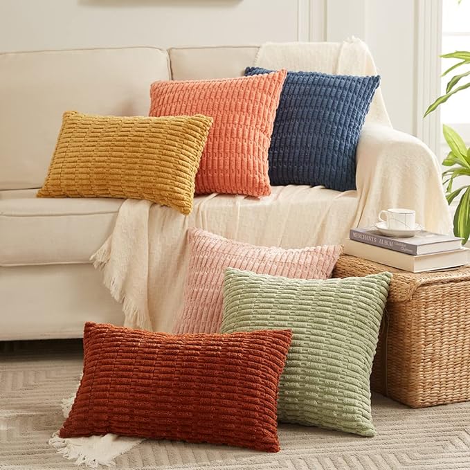 Fancy Homi 4 Packs Sage Green Decorative Throw Pillow Covers 24x24 Inch for Living Room Couch Bed Sofa, Rustic Farmhouse Boho Home Decor Soft Plush Striped Corduroy Square Cushion Case 60x60 cm