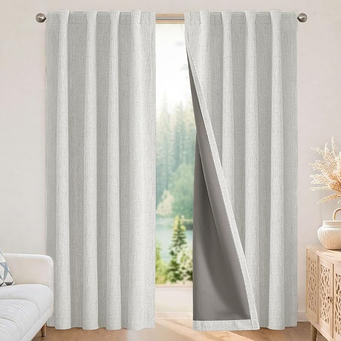 Joydeco Linen Blackout Curtains for Bedroom - 100% Light Blocking 1 Panels, White Drapes 100" W x 96" L, Thermal Insulated Room Darkening Curtains for Living Room, Rod Pocket & Back Tabs