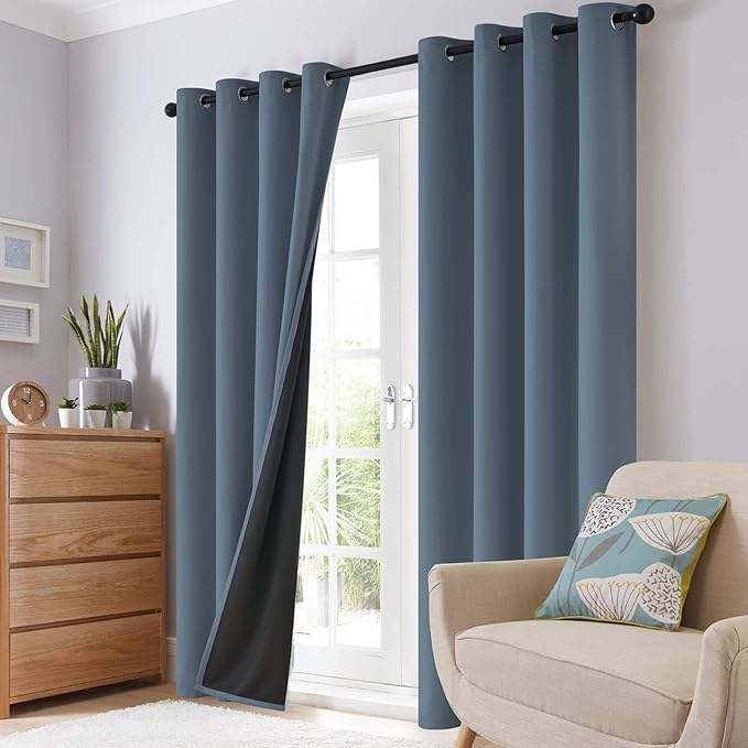 SimpleHome 100% Blackout Curtains for Bedroom,Thermal Insulated Stone Blue Grommet Window Drapes Room Darkening Curtains for Living Room with Black Back,62 x 63 Inch,2 Panels