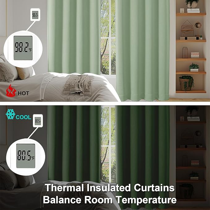 Simplebrand Ava Light Green Blackout Curtains for Bedroom 72 Inch Length 2 Panels Set, Privacy Thermal Insulated Rod Pocket Door Window Curtains for Patio French Front Door, W40 x L72 Inch