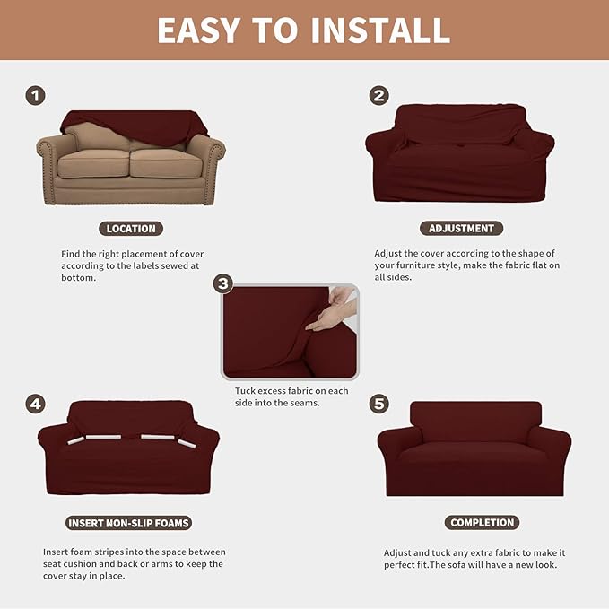 Easy-Going 100% Waterproof Loveseat Couch Cover, Dual Waterproof Sofa Cover, Stretch Jacquard Sofa Slipcover, Leakproof Furniture Protector for Kids, Pets, Dog and Cat (Loveseat, Wine)