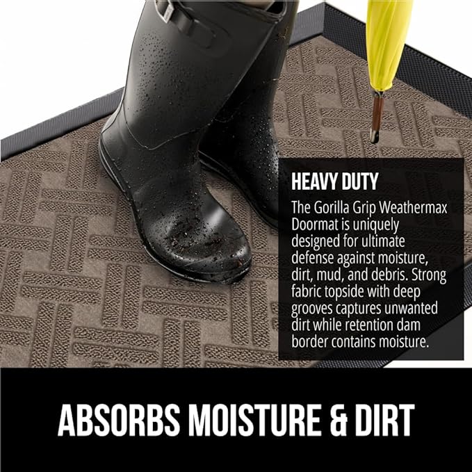 GORILLA GRIP 100% Waterproof All-Season WeatherMAX Doormat, 47x35, US Designed Natural Rubber, Stain and Fade Resistant, Low Profile Indoor Outdoor Door Mats, Easy Clean Patio Mat, Taupe Basket Weave