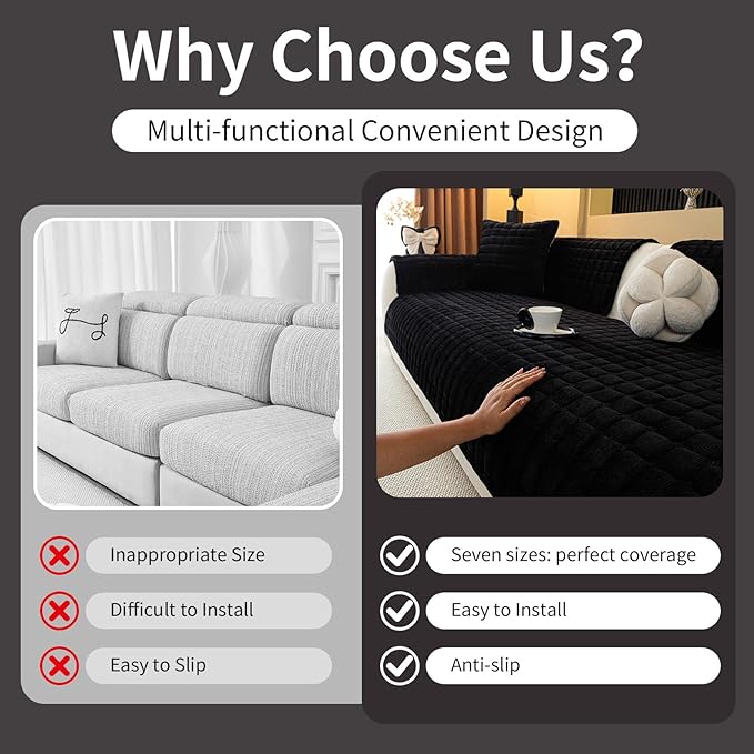 Velvet Couch Cover, Plush Sectional Sofa Cover Washable, Anti Slip Sofa Slipcover for Loveseat, Furniture Protector Covers for Pets & Kids(1PC, Black, 35.4"×47.2", Loveseat)