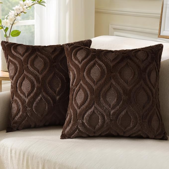 decorUhome Throw Pillow Covers 18x18 Inch Set of 2, Soft Plush Faux Wool Dark Brown Solid Couch Pillow Covers, Accent Farmhouse Neutral Square Pillow Cases for Sofa Bed Living Room