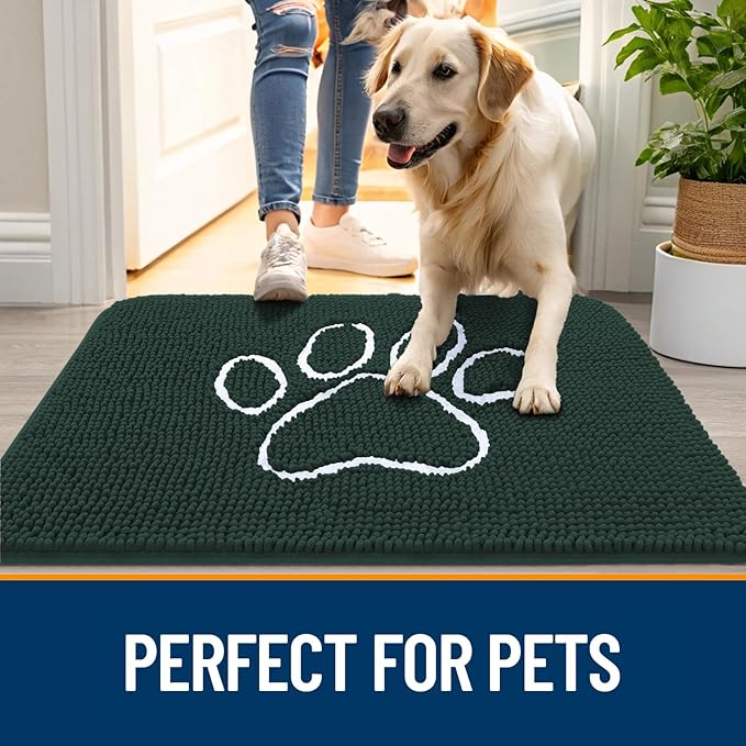 OLANLY Dog Door Mat for Muddy Paws 40x32, Paw Print Design, Absorbs Moisture and Dirt, Absorbent Non-Slip Washable Doormat, Quick Dry Chenille Mud Mat, Entry Indoor Entryway Carpet, Blackish Green