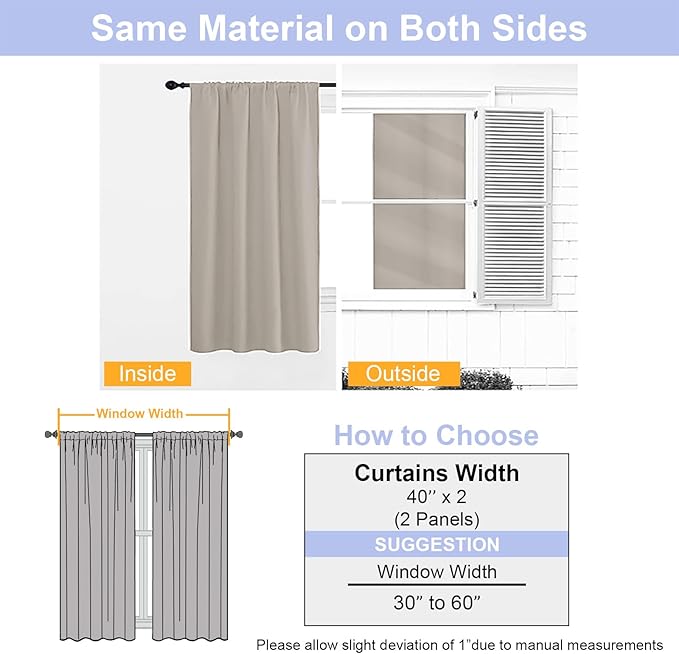 Simplebrand Ava Stone Blackout Curtains for Bedroom 63 Inch Length 2 Panels Set, Solid Thermal Insulated Energy Saving Rod Pocket Window Treatment Curtains Blackout Drapes, W40 x L63 Inch, Stone