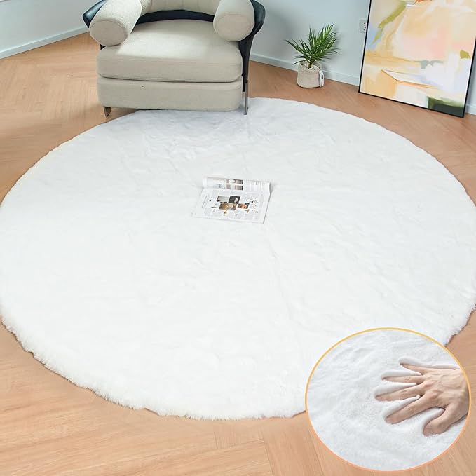 ORINOVA White Fluffy Round Rug 5ft for Bedroom Circle Faux Rabbit Washable Fur Area Rugs for Living Room Nursery Rug