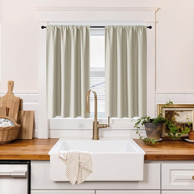 RYB HOME 100% Blackout Short Curtains for Small Window, Thermal Insulated Total Room Darkening Noise Reducing Curtains for Kitchen Bathroom Basement, 34 inches Wide by 48 inches Long, Natural