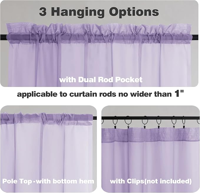 Chyhomenyc Lilac Sheer Valances for Windows - Light Filtering Small Kitchen Curtains, Rod Pocket Short Top Window Treatment Decor for Living Room Bathroom Basement, 42Wx16L inches, 2 Panels