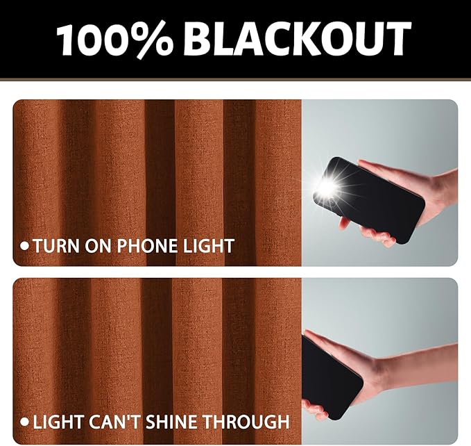 Yakamok Burnt Orange Linen Curtains 100% Blackout 84 Inches Long,Room Darkening Textured Curtains for Living Room Thermal Grommet Bedroom Curtains 2 Panels with White Liner