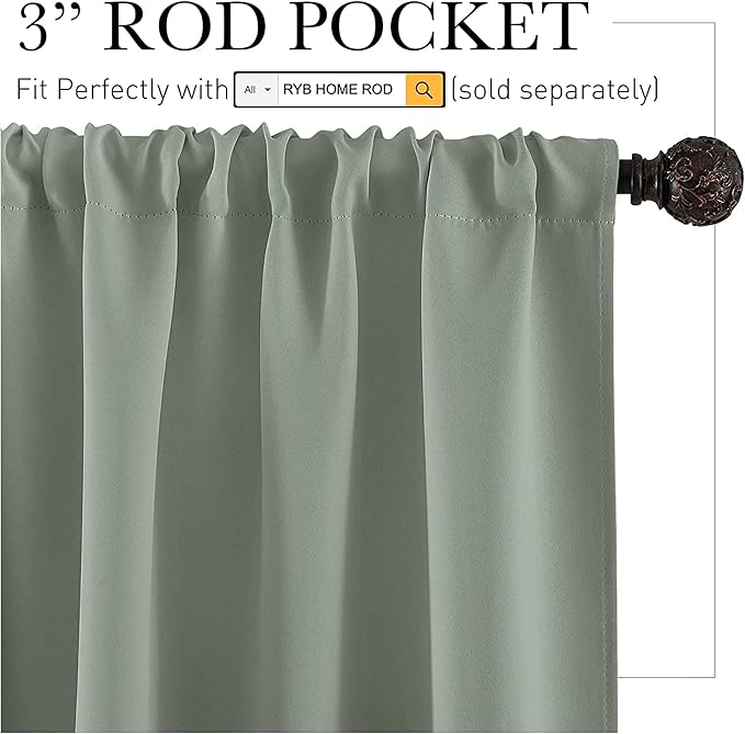 RYB HOME 54 inch Blackout Curtains for Living Room, Rod Pocket Thermal Insulated Small Window Drapes Room Darkening Shades for Bedroom Studio Dorm, W 42 x L 54 inch, Set of 2 Panels, Greyish Green