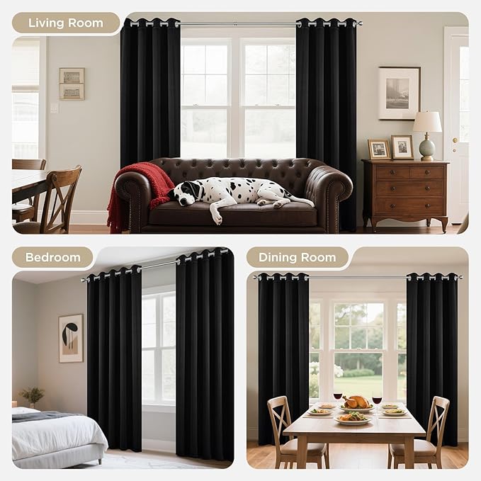 Joydeco Blackout Curtains 72 Inch Length 2 Panels Set, Thermal Insulated Long Curtains& Drapes 2 Burg, Room Darkening Grommet Drapes for Living Room Bedroom Window (W52 x L72 Inch, Black)