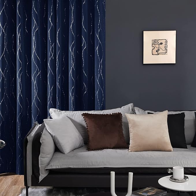 Deconovo Short Kitchen Curtains, Navy Blue Blakcout Curtain 42 x 54 Inch, Thermal Insulated Soundproof Drapes with Silver Wave Dots Prit, Grommet Top, Machine Washable for Nursery Bedroom Living Room