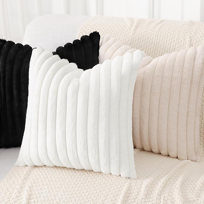 decorUhome Cozy Faux Fur Throw Pillow Covers 24x24 Set of 2 Decorative Soft Plush Striped Modern Farmhouse Boho Couch Euro Sham Pillow Cases with Velvet Back for Sofa Bed Living Room, Black
